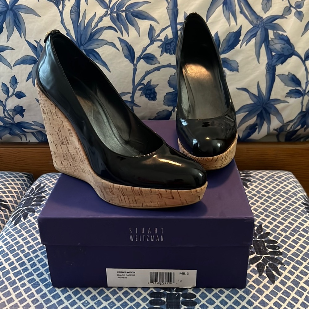 Stuart Weitzman Black Patent Corkswoon Wedge (8.5)